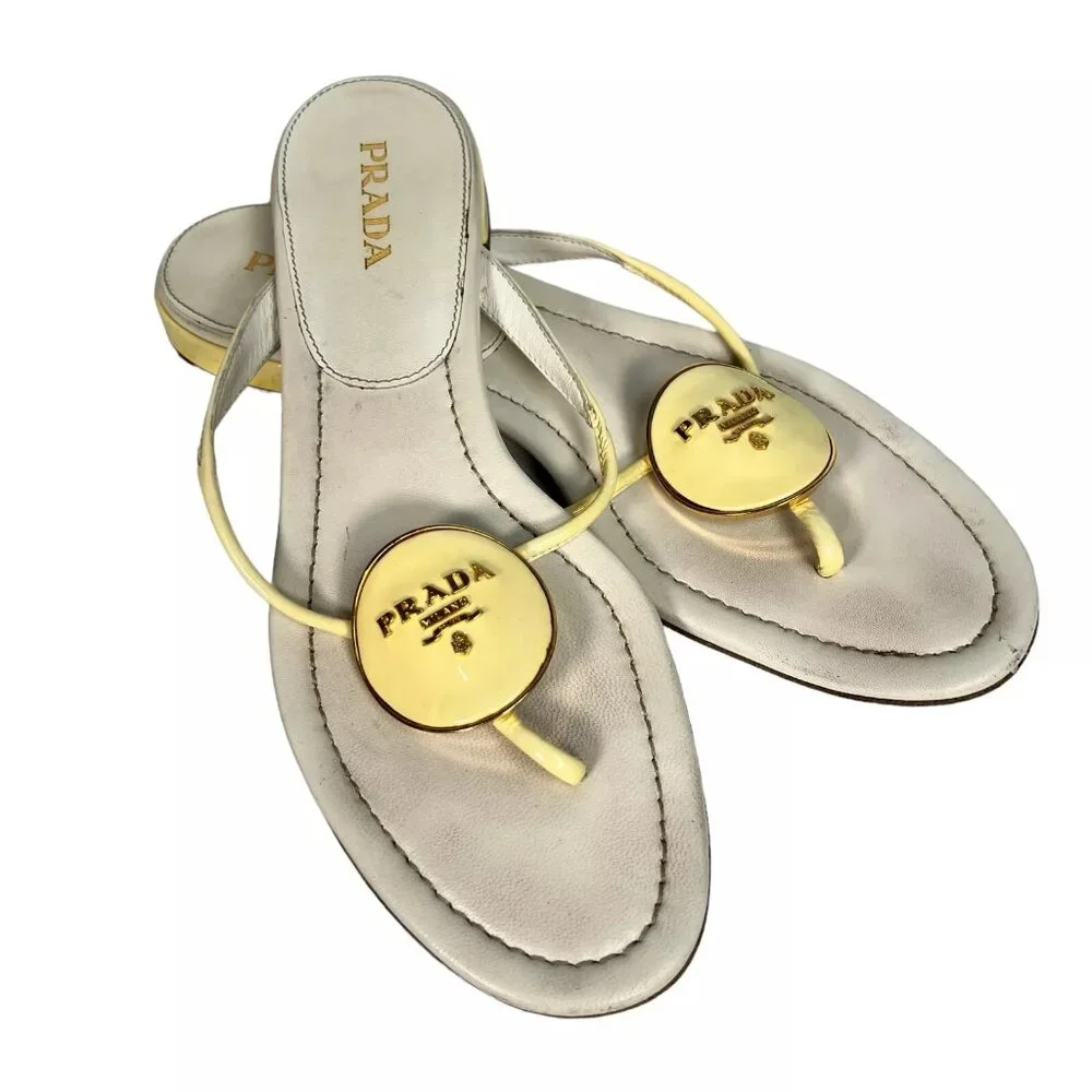 Prada Cream Enamel Logo Plaque Leather Flip Flop Sandals Size EU 40 Womens - Picture 6 of 16